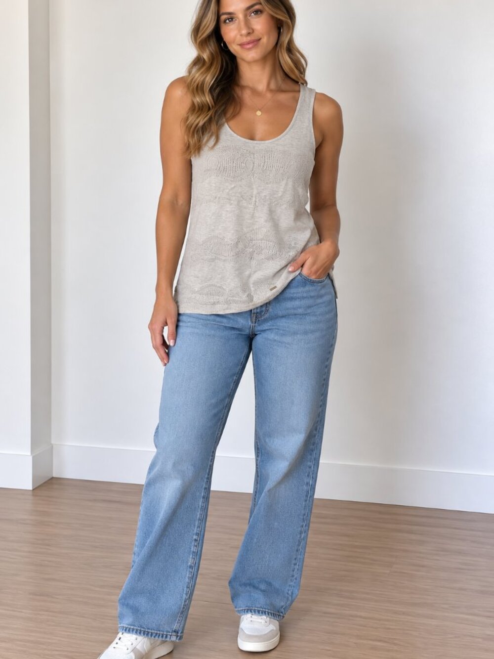 Tommy Hilfiger Heather Light Gray Lace-Panel Scoop Tank